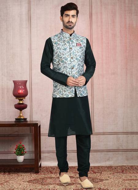 Pista Green Colour Festive Wear Jacquard Banarasi Silk Digital Print Kurta Pajama With Jacket Mens Collection 1214